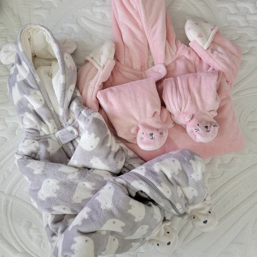 Carter's Just One Year Set Of 2 Cozy Plush One Piece Hooded Baby Outerwear 9 Mos